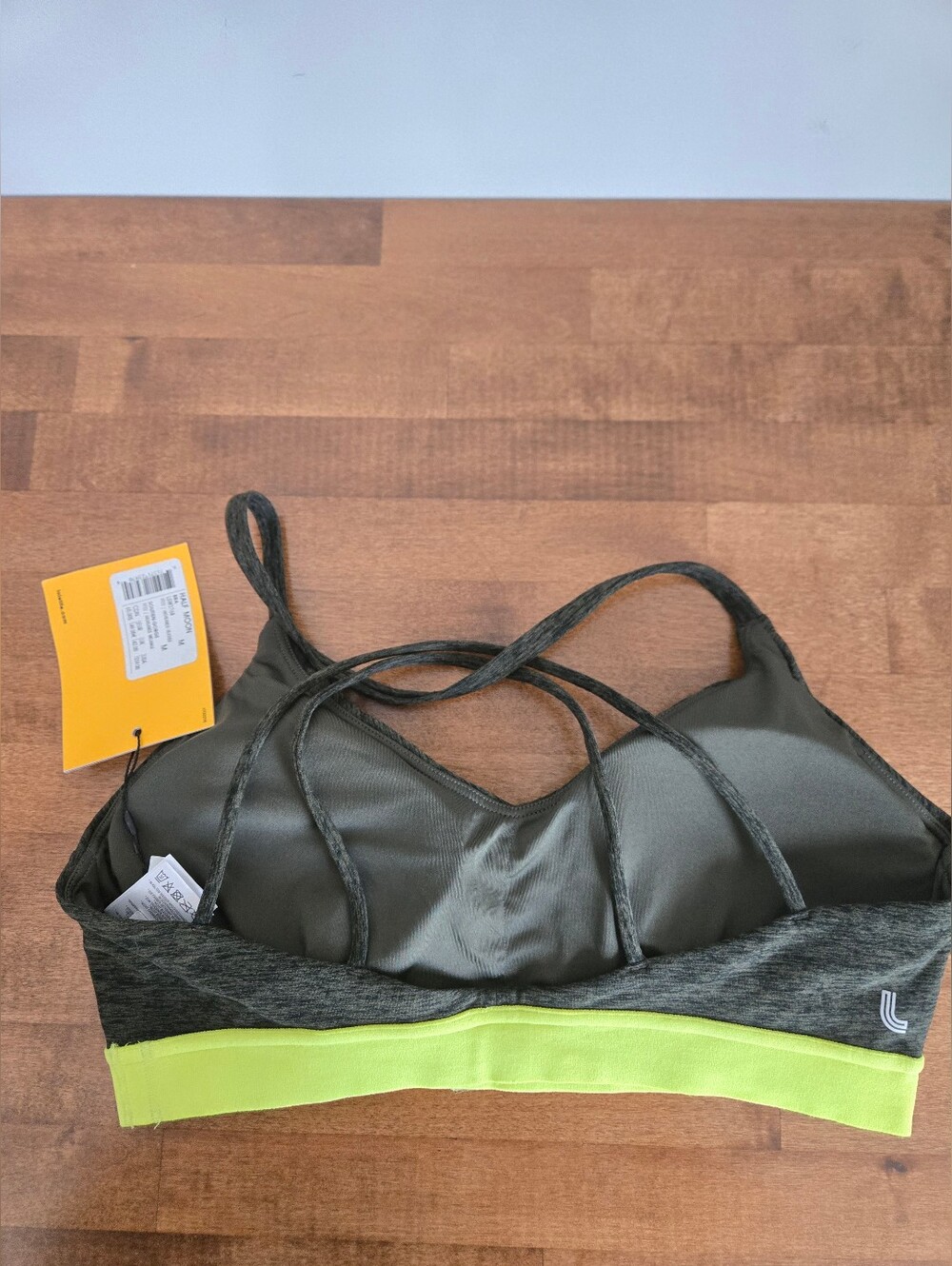 New. Lole Half Moon Bra Highlands Heather Grey Neon Yellow Accent Band MEDIUM - Picture 2 of 3